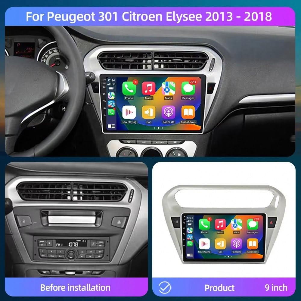Touch Screen Radio Stereo Auto 2 Din per Peugeot 301 Citroen Elysee 2013-2018 Wireless Carplay Android Auto Stereo Bluetooth Ips con Pantalla Táctil con Gps, 4 Nucleo 2G+32G