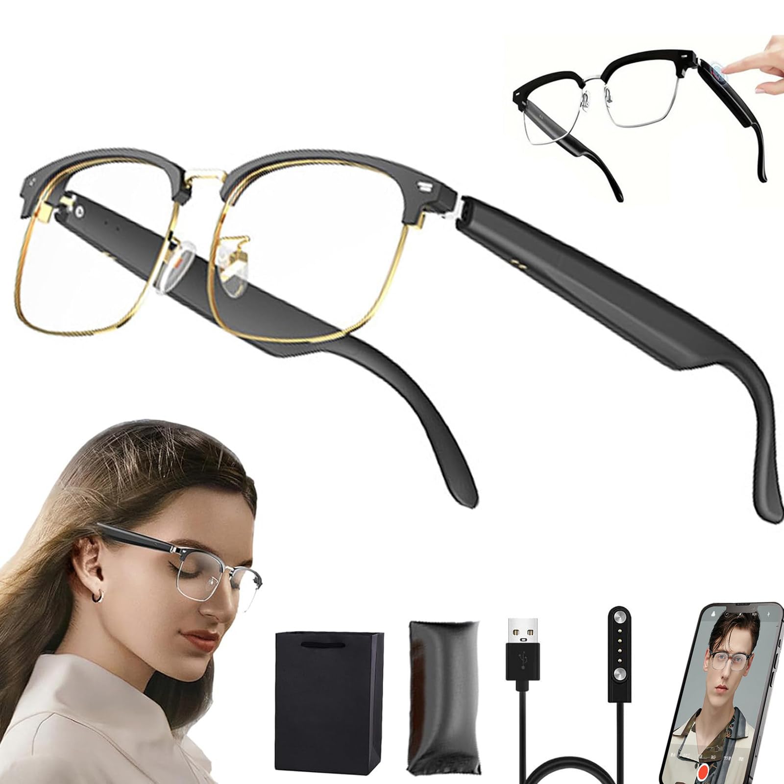 Lunettes intelligentes Bluetooth, 144 langues traduction AI, voix + appels téléphoniques + écoute de musique, anti-bleu (B, B)