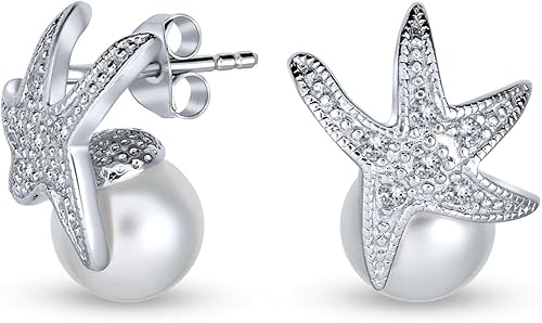 Nautical Bride CZ Beach Destination Wedding White Simulated Pearl 8MM Jewelry Set Starfish Necklace Lariat Pendant Stud Earring For Women