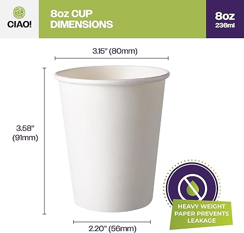 Miniatura 4 de CIAO! Taza caliente de papel blanco de 8 onzas, desechable, 3.150 in de diámetro, 1,000 unidades