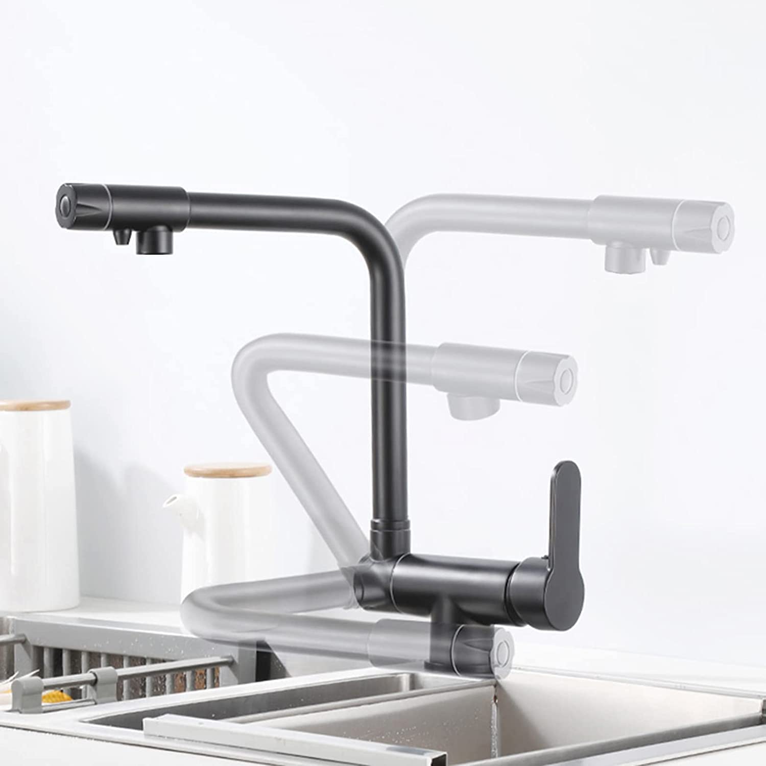 ZQFHSX 3Way Kitchen Faucet with 360° Rotation Brushed Black Mixer Tap for Reverse Osmosis System Versatile 3in1 Design Ideal Front Window Sinks
