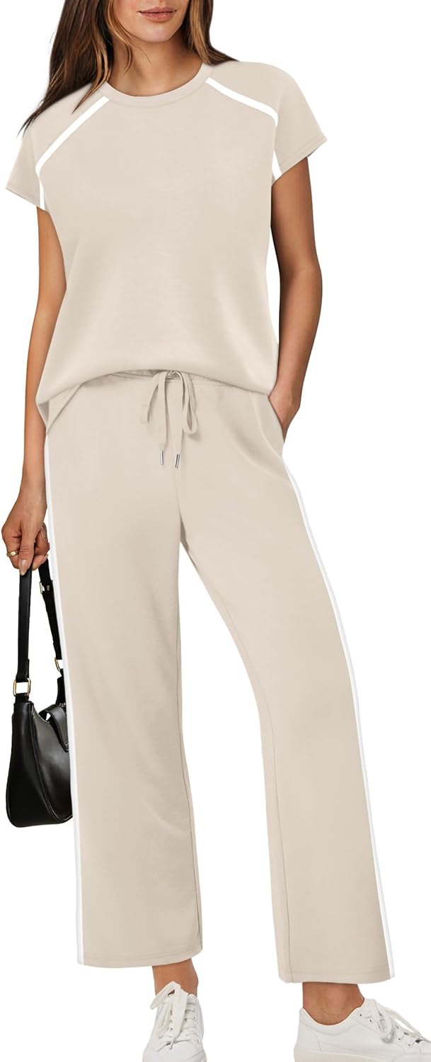 XIEERDUO 2 Piece Sets for Women Crew Neck Travel Airport Outfits Summer Fashion Clothing Cap Sleeve Tops Wide Legs Pants Set - Image 3