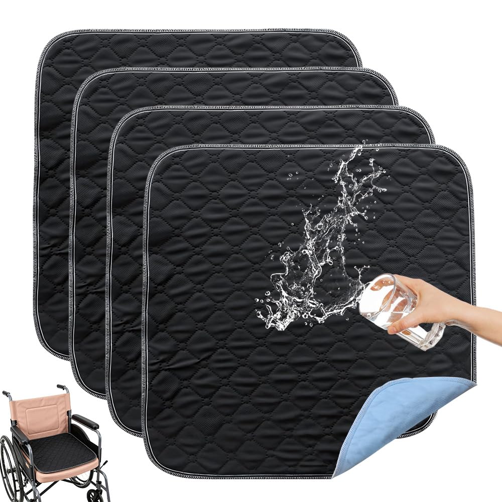 4 Pcs Waterproof Seat Protector Pad, Incontinence Chair Pads, Anti-Slip Reusable Incontinence Protector for Seniors, Baby, Pets, Wheelchairs Sofas, Armchairs and Car Seats Washable ( Black, 50x50cm)