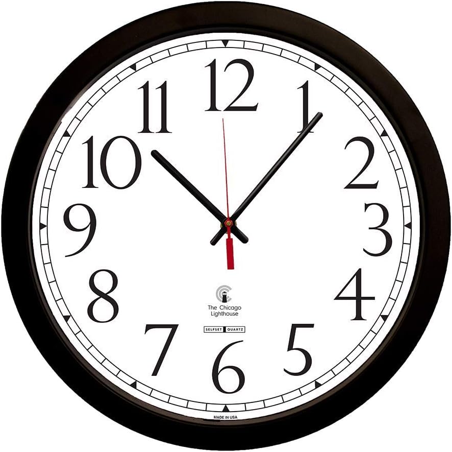 Chicago Lighthouse SelfSet Quiet Wall Clock, 141/2", Black