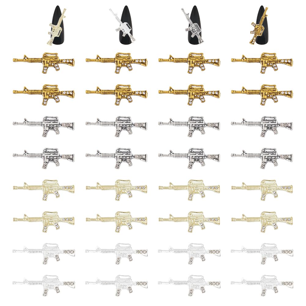 HOBBIESAY 40Pcs 4 Colors Sparkling Rhinestone Nail Art Charms Durable Alloy Manicure Cabochons Jewels Punk Style Gun Shape Nail Art Decoration Accessories for Nail Salon DIY Making