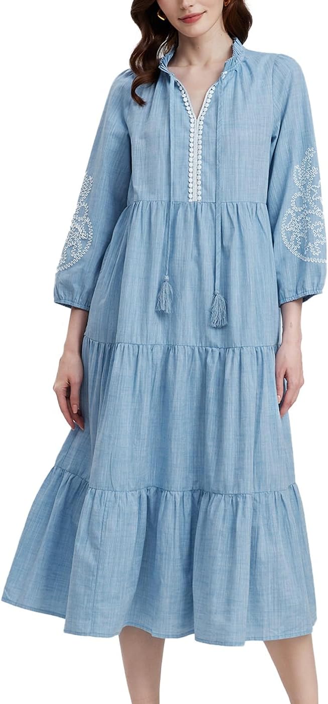 D-Sun Embroidered Maxi Dress for Women Casual Cotton 3/4 Sleeve V Neck Tiered Flowy Fall Maxi Long Dress