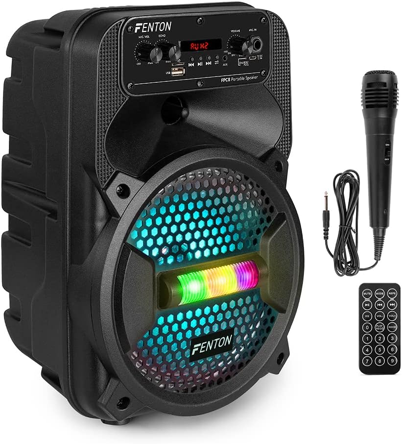 Fenton FPC8 Portable Party Speaker Bluetooth MP3 USB Disco Lights and Microphone