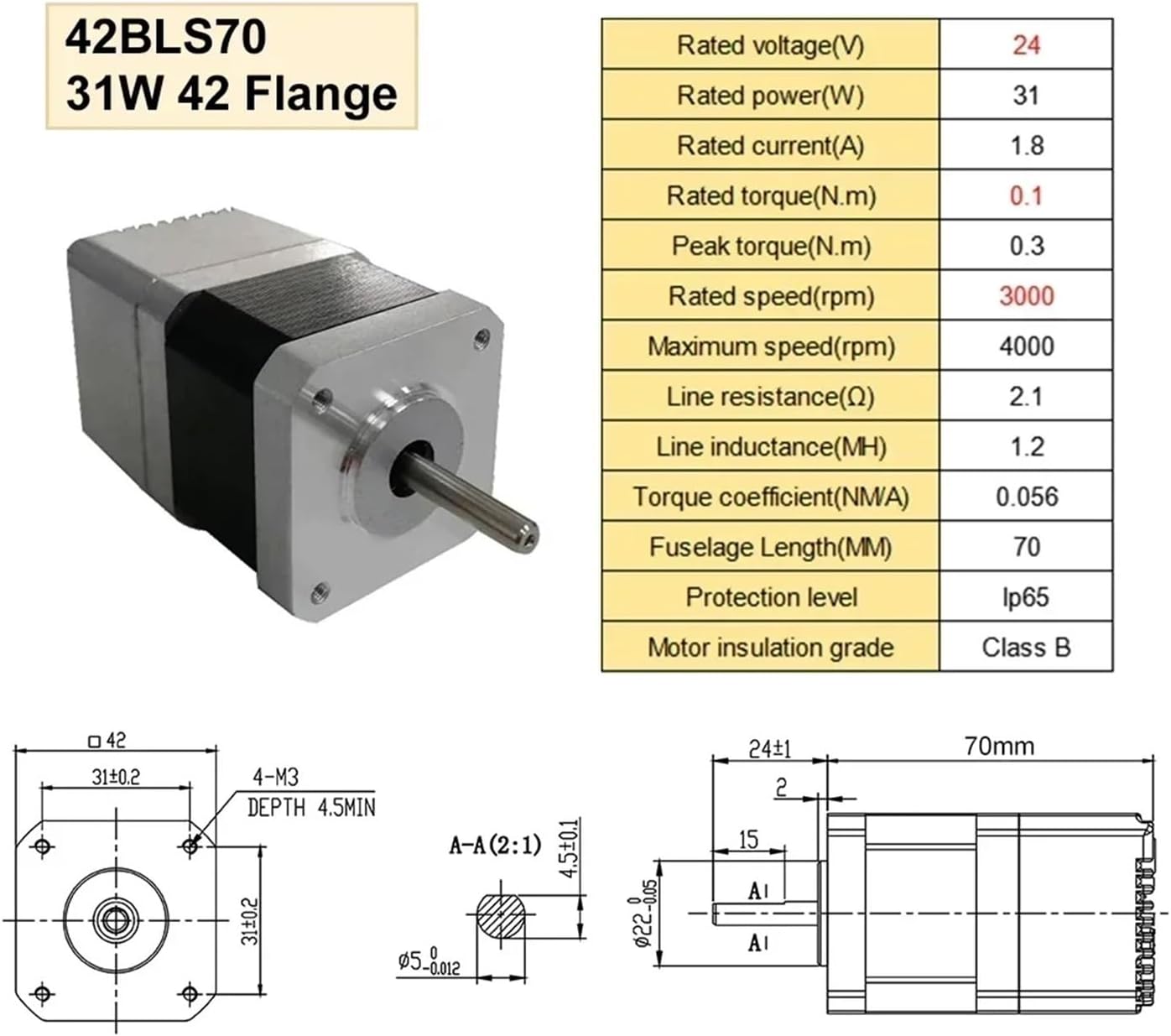 DC24/48/72V Low Voltage Servo Motor Drive Drive 0.1-3.2N.m 17 Bit Absolute Encoder 3000RPM with RS485(31W 42 Flange)