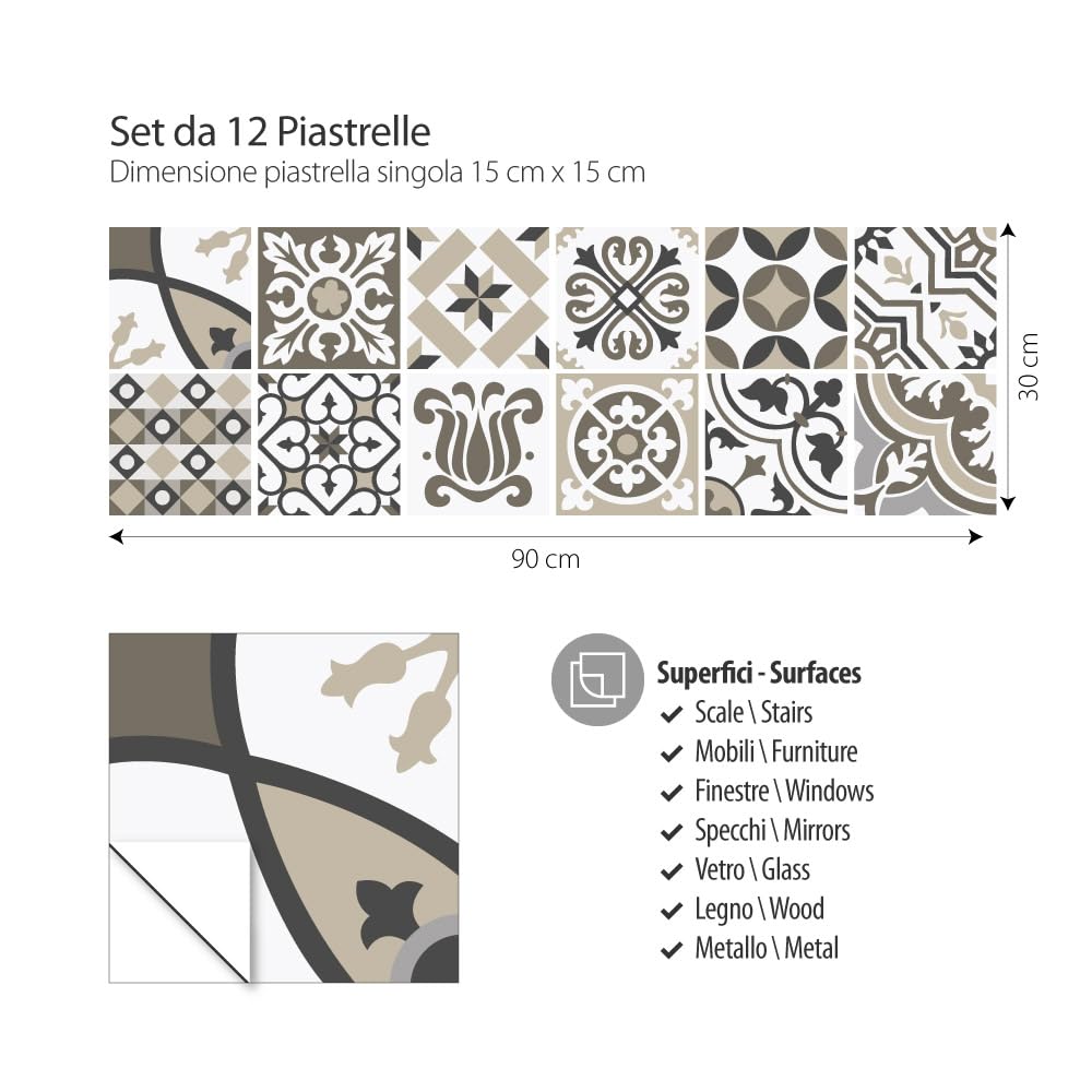 RE-COVERTILES - Adesivi per Piastrelle Bagno e Cucina 12 Pz 15x15 cm - PS00154 Decorazione murale in PVC impermeabile mattonelle mosaico stile cementine Azulejos
