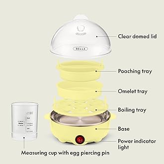 BELLA Egg Cooker, Rapid Boiler & Poacher, Meal Prep Essential, Family Sized Meals: Make Up To 7 Large Boiled Eggs, Dishwasher Safe Lid with Cool-Touch Handles, Poaching Tray Included, Yellow