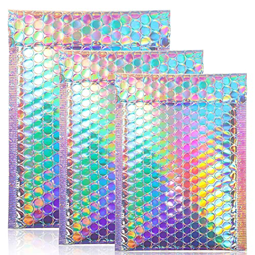 50 Pieces Metallic Padded Bubble Mailers Shipping Mailers Poly Mailers Foil Glitter Padded Envelopes Adhesive Seal Closure Envelopes Shipping Bags for Mailing Packing (Simple Style, Rainbow Color)