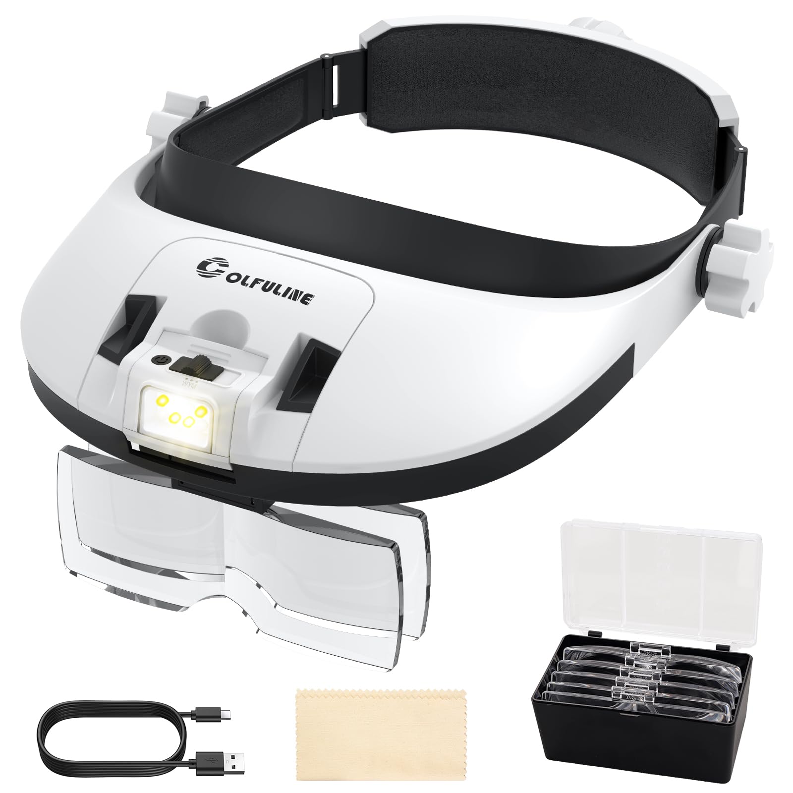 COLFULINE LED Head Magnifier with 5 Interchangeable Lenses & 3 Lighting Modes, Rechargeable Headband Magnifying Glass, Adjustable brightness, Ideal for Jewelry Repair, Electronics, Crafting & More