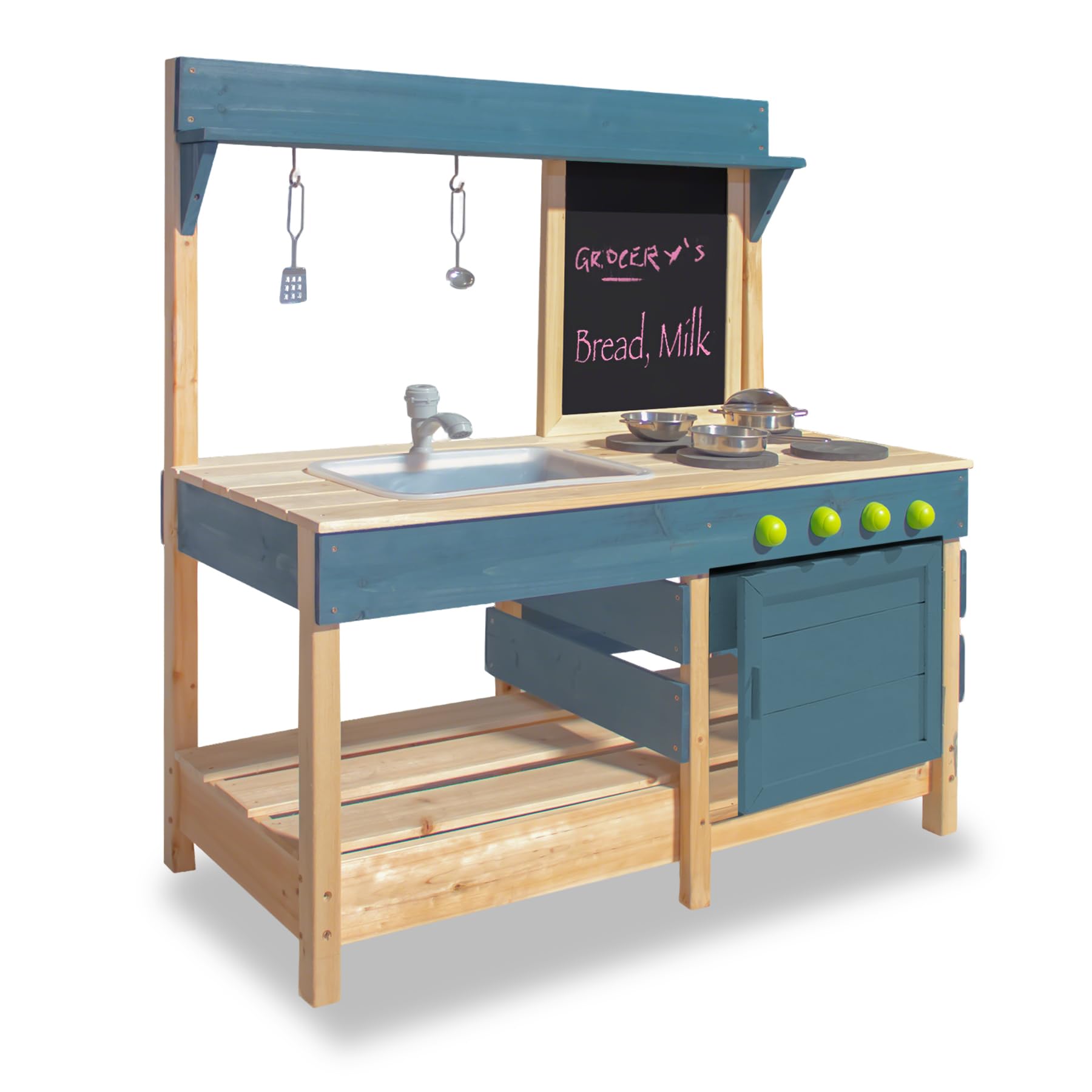 Mud Kitchen Playset for, Outdoor Wooden Toy Play Kitchen Set for Boys and Girls, Kitchen Accessories and Garden Sink with Faucet, Blackboard (Blue2)