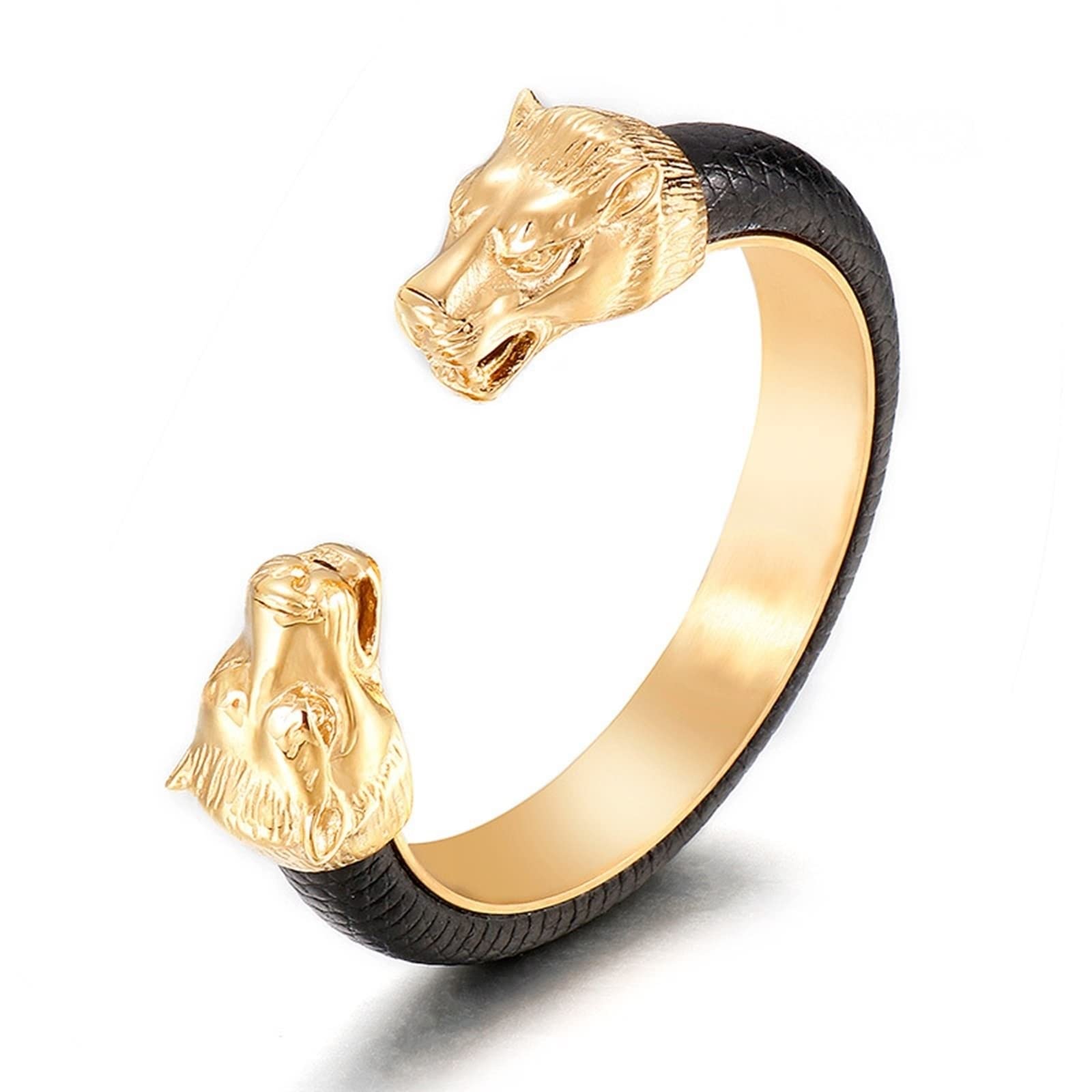 KnSam Armreif Leder Herren, Lederarmband Herren mit Gravur Offenes Wolfskopf Prächen Armbänder Edelstahl Handhandgelenk Kette, BFF Geschenke