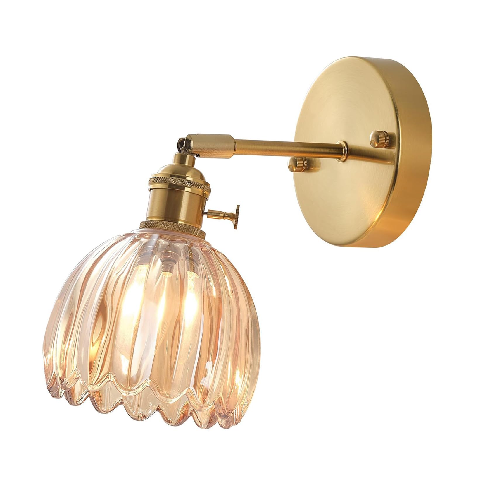 LFsem Vintage Wall Light with Floral Glass Shade & Gold Metal Fittings, Angle Adjustable E27 Wall Sconce with Switch for Hallway Bedroom Bathroom Indoor Lighting (Amber, 1 Pack)