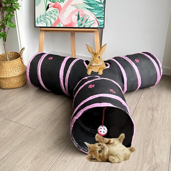 3-Way Collapsible Cat Tunnel Tube Toy Black Pink Paws | Interactive Play Tunnel by Hanging Ball & Peek Hole for Indoor Cats, Kittens, Puppies, Rabbits, Hours of Fun & Exercise