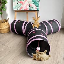 3-Way Collapsible Cat Tunnel Tube Toy Black with Pink Paws Interactive Play Tunnel with Hanging Ball & Peek Hole for Indoor Cats, Kittens, Puppies & Rabbits | Hours of Fun & Exercise