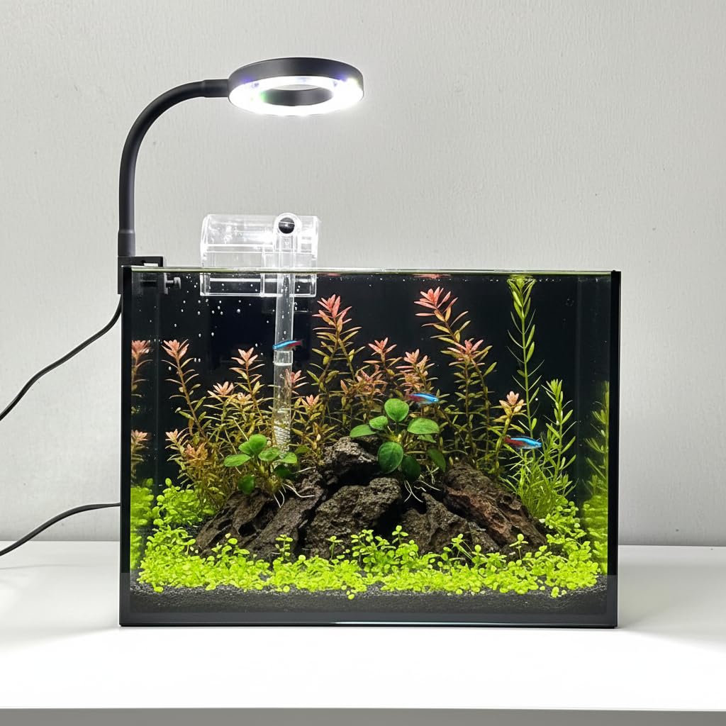 Kit de nano acuario, pequeño acuario de peces Betta, tanque de peces de vidrio sin borde de 2.2 galones con filtro, luz y decoraciones de paisaje acuático (negro, completo)