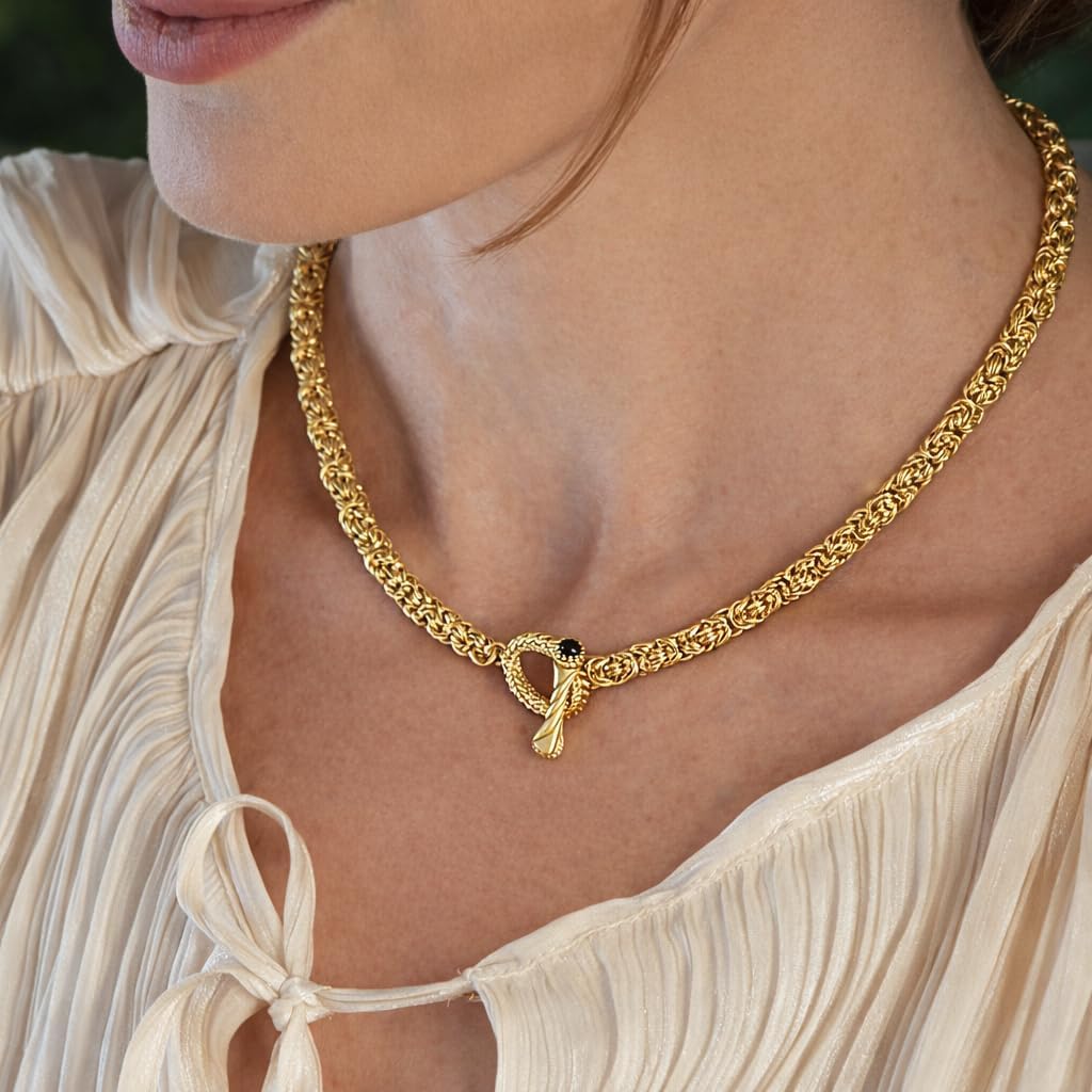 Gold Byzantine Chain Necklace for Women, 5.5mm Layering Link Chain Necklace, Gold Statement Necklace in 18K Gold Finish, Black Onyx Toggle Clasp, 16,18,20,24,30 Inch Length, Gift for Special Occasions