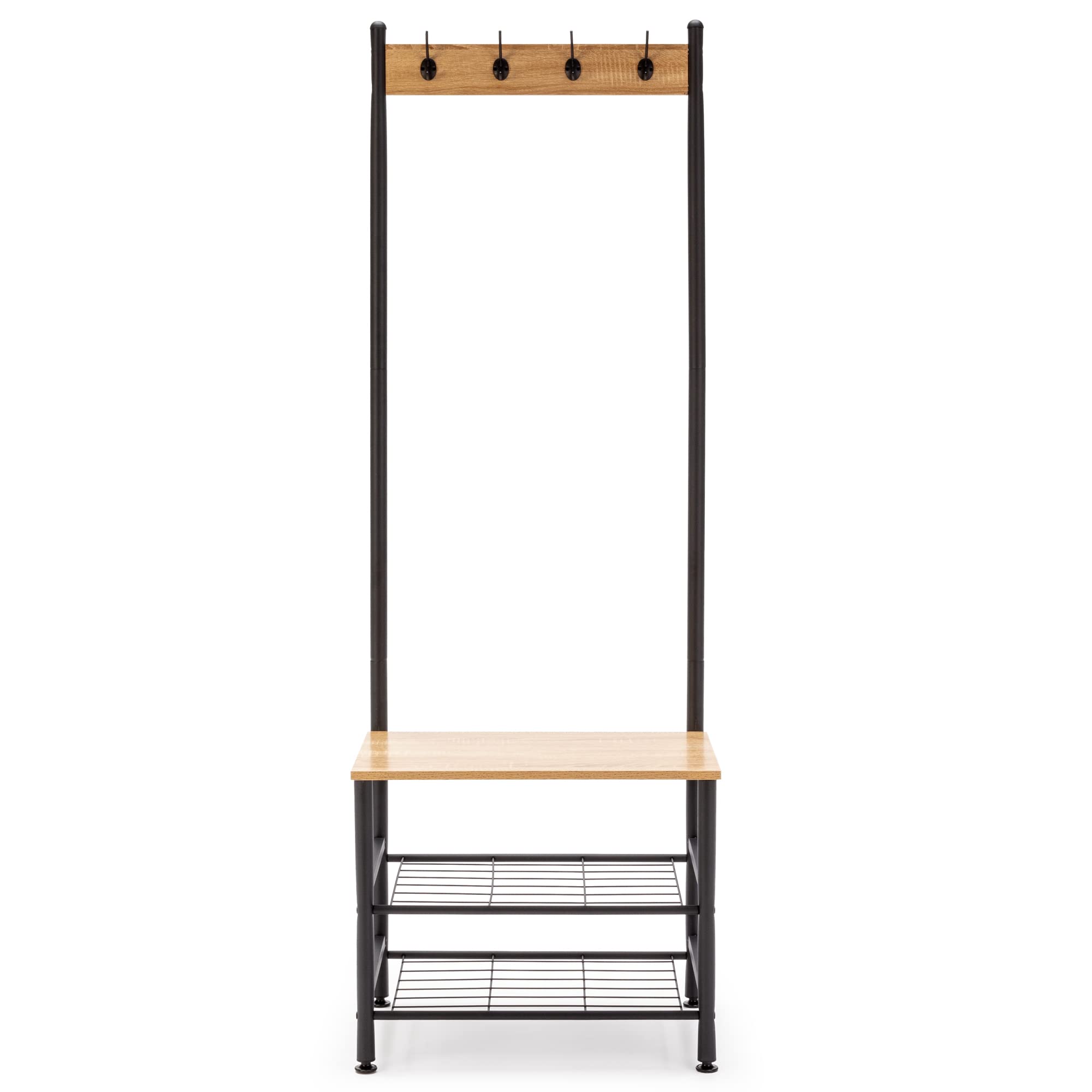 HOMN LIVING Perchero con zapatero Lisa con banco 2 estantes, color Roble/Negro, 60 cm (Ancho) 40 cm (Profundo) 175 cm (Altura)