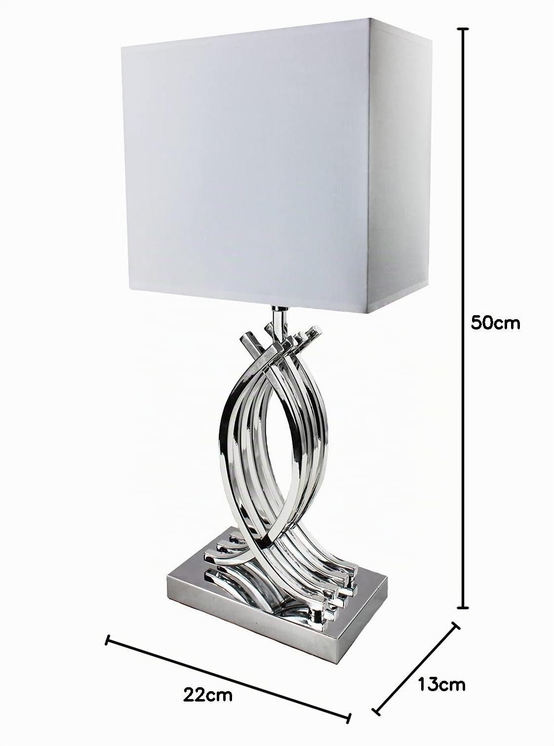 Arnusa Design Tischlampe Chrom Silber Nachttischlampe 50 x 22 cm mit weißen eckigen Schirm Tischleuchte silberfarben E27