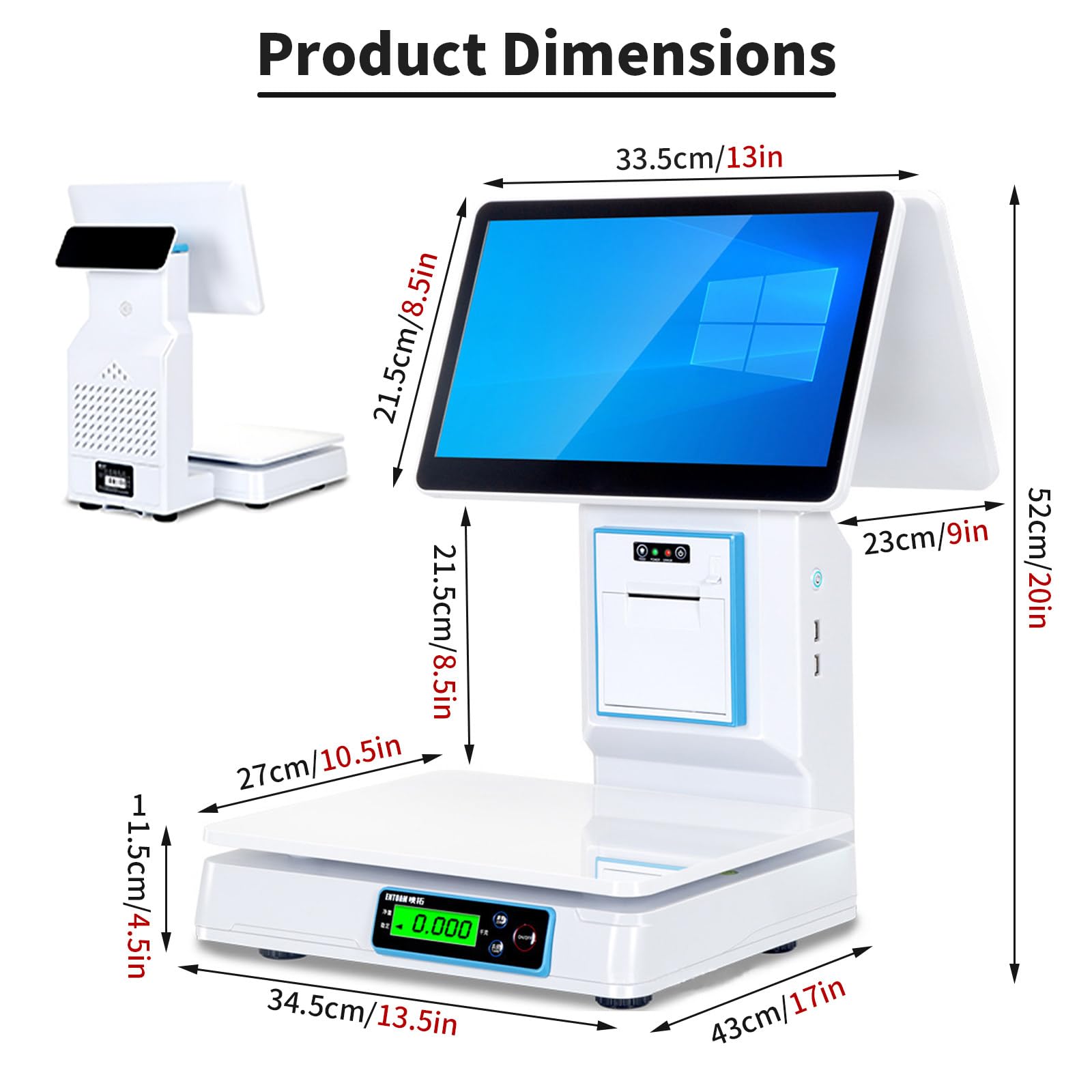 TPV con Báscula para Comercios, Pantalla Táctil Capacitiva De 15.6", Capacidad De 30 Kg (66 LB), para Comercios Y Supermercados, 8 GB De RAM, 128 GB De SSD Dualscreen