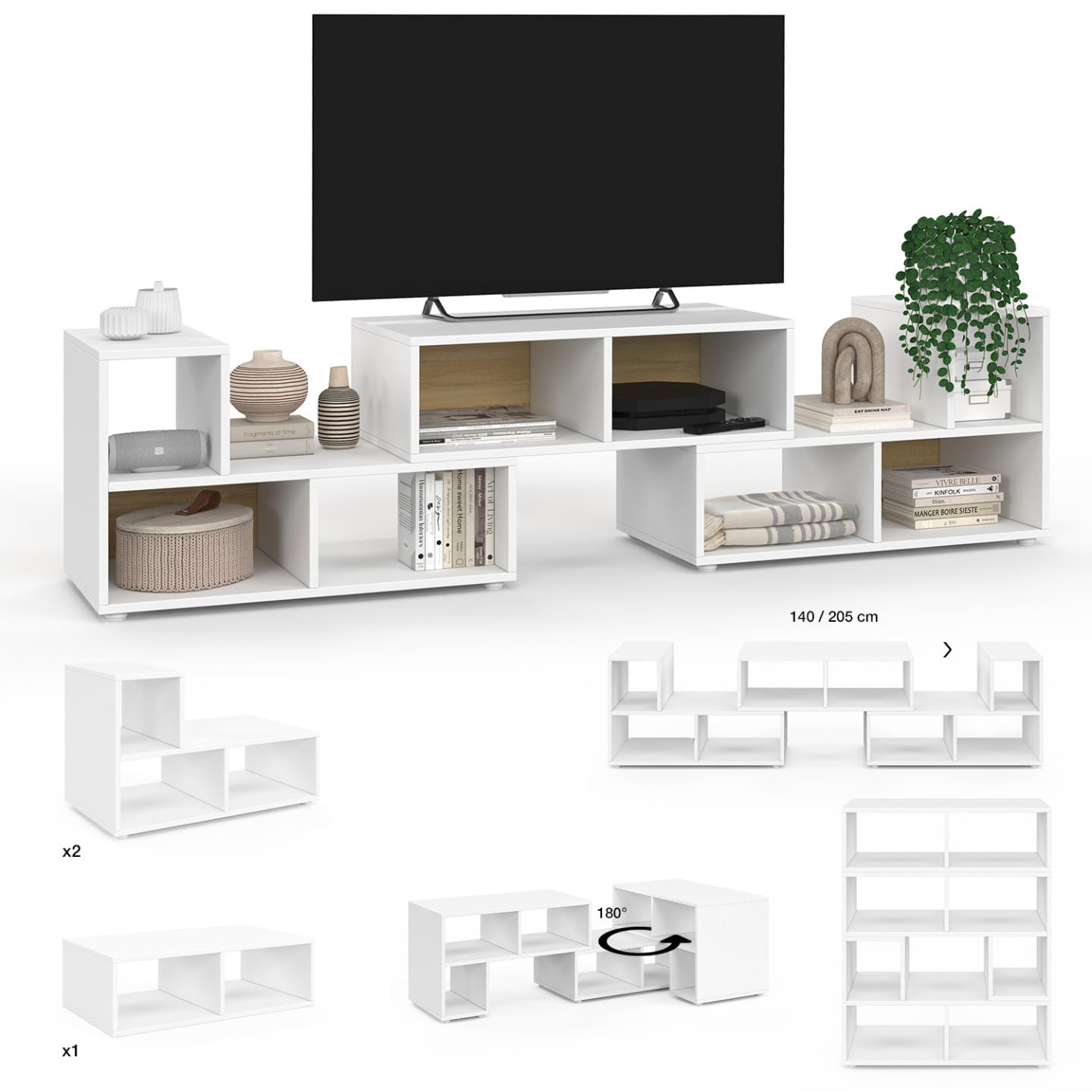 IDMarket - Meuble TV combiné 3 pièces modulables Leonard 140-205x30x43 cm