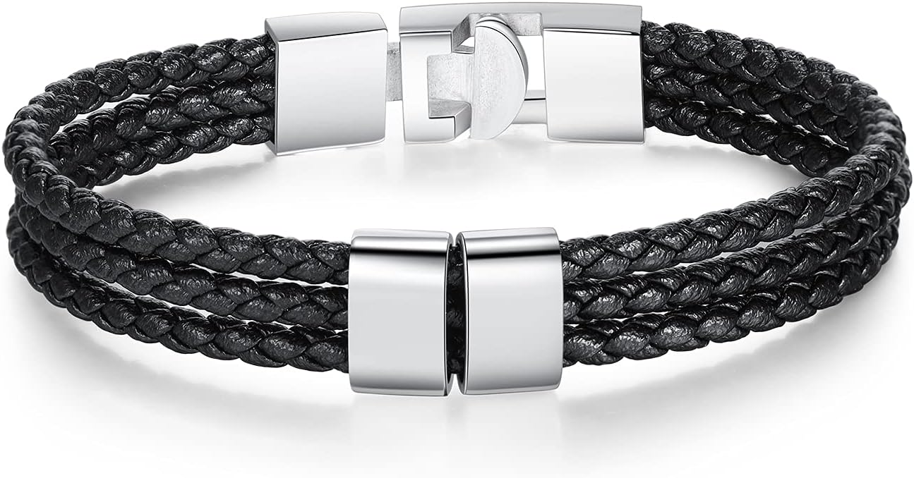 kaululu Personalized Braided Leather Name Bracelet with 1-8 Beads Custom Engraved ID Wrap Bracelets Father's Day Jewelry Gifts for Men Dad Husband Him (2 Names) - Image 2