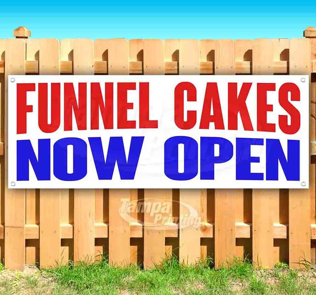 Funnel Cakes Now Open Banner 13 oz | Non-Fabric | Heavy-Duty Vinyl Single-Sided With Metal Grommets