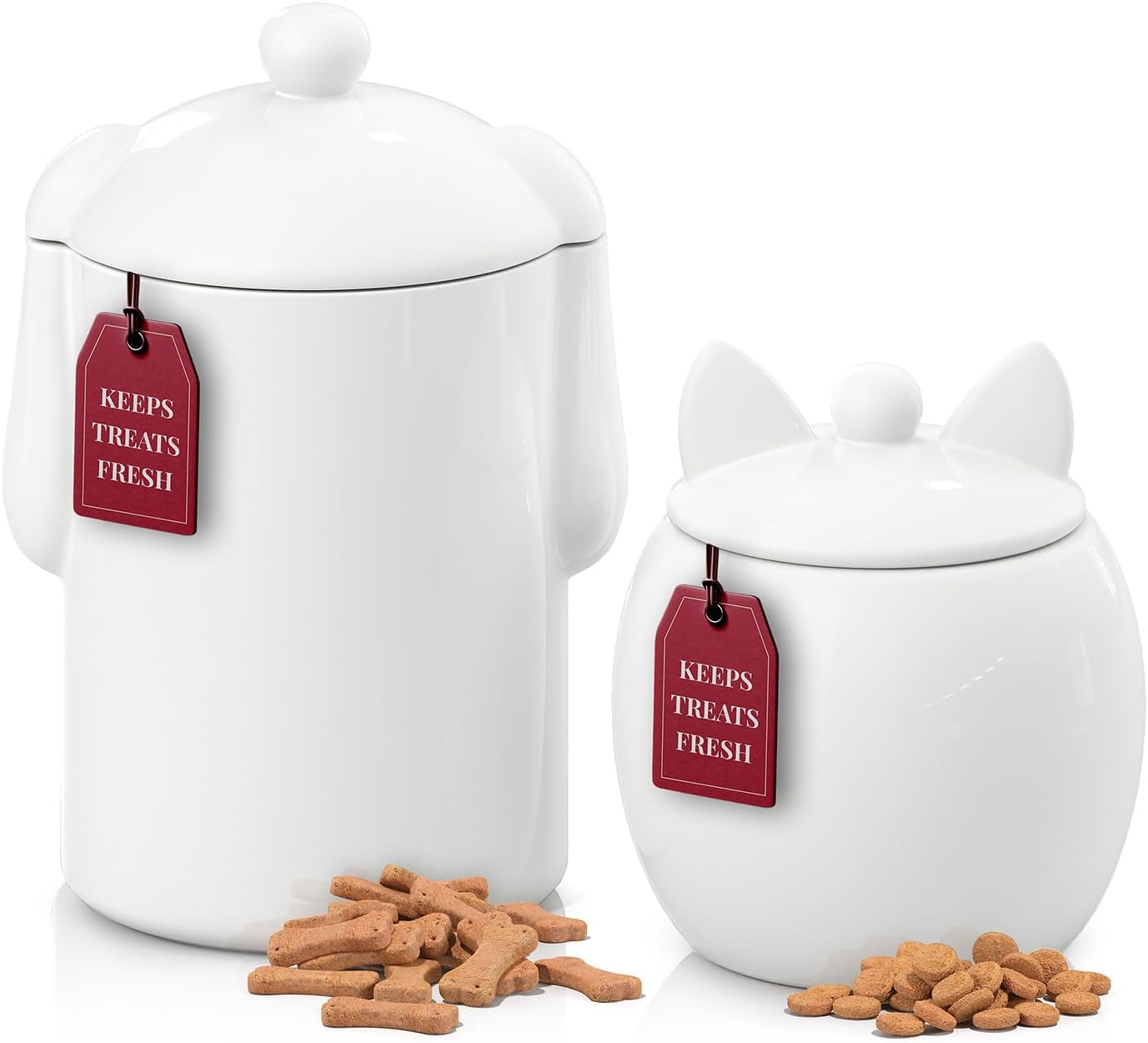 Barnyard Designs Rustic White Ceramic Dog & Cat Treat Canister Set of 2 - Airtight Lids for Fresh Kitchen Counter Storage