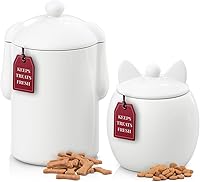 Barnyard Designs Rustic White Ceramic Dog & Cat Treat Canister Set of 2 - Airtight Lids for Fresh Kitchen Counter Storage