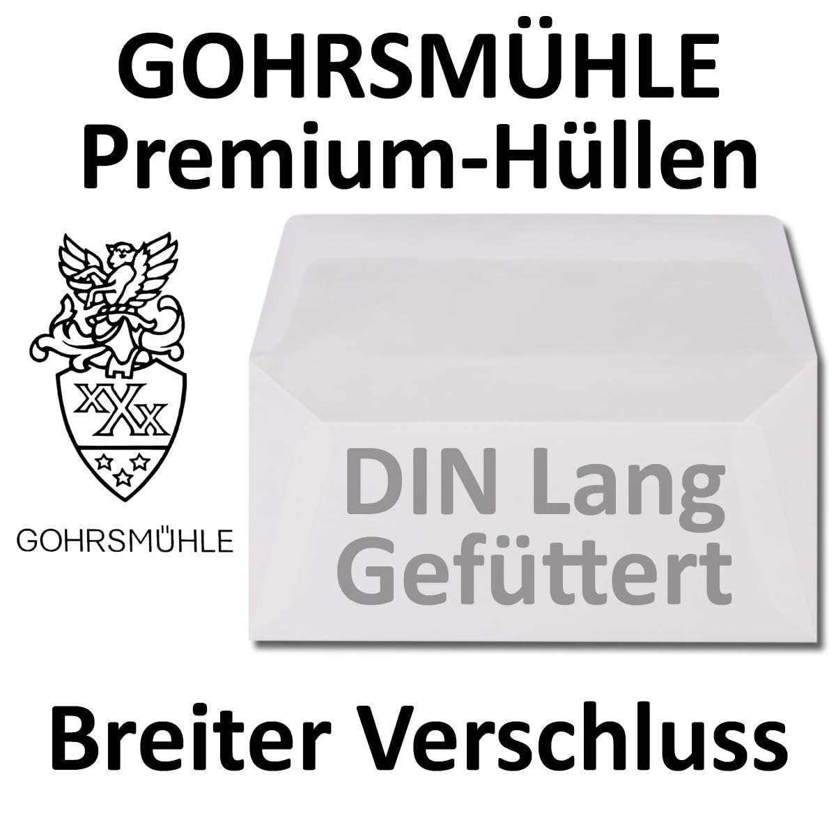 100 Sets Gohrsmühle Feinstpapier mit abgepasstem Wasserzeichen - Weiß Matt DIN A4 - Umschläge DIN Lang gefüttert mit hellgrauem Seidenpapier 80 g/m²