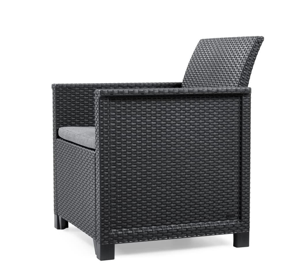 Keter Emma Balcony Set - Mobile da esterno composto da due poltrone con cuscini e tavolino contenitore, grafite