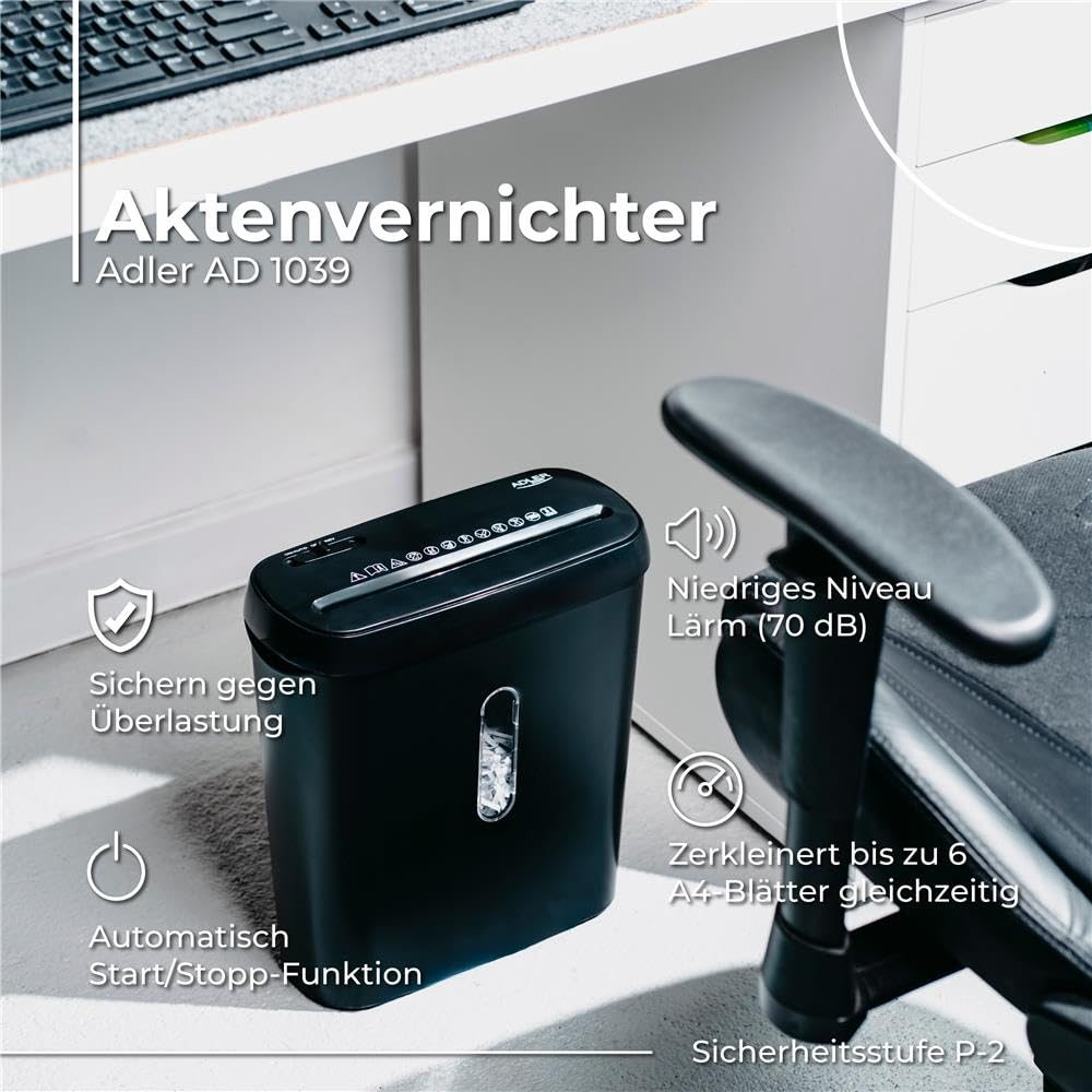 Adler AD 1039 - Destructora de Papel (6 Hojas, Corte en Tiras P‑2, depósito de 8 L, Arranque/Parada automática, función de Retroceso, 70 dB, protección contra sobrecargas, compacta y Negra)