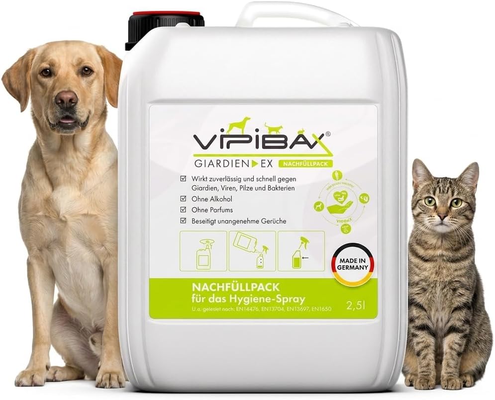 ViPiBaX Giardien Ex Spray do higieny, uzupełnienie 2,5L dla psa, kota i innych - odstraszający zapach - Spray do higieny, uzupełnienie - Skuteczna dezynfekcja przeciwko lambliom, wirusom, grzybom i
