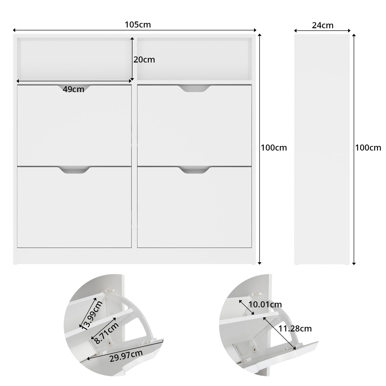 VOWNER Zapatero Entrada Recibidor, Zapatero Estrecho Blanco con 4 Puertas, 105 x 24 x 100 cm (Largo x Ancho x Alto), Madera, con Compartimento, para Entrada Estrecha, Pasillo
