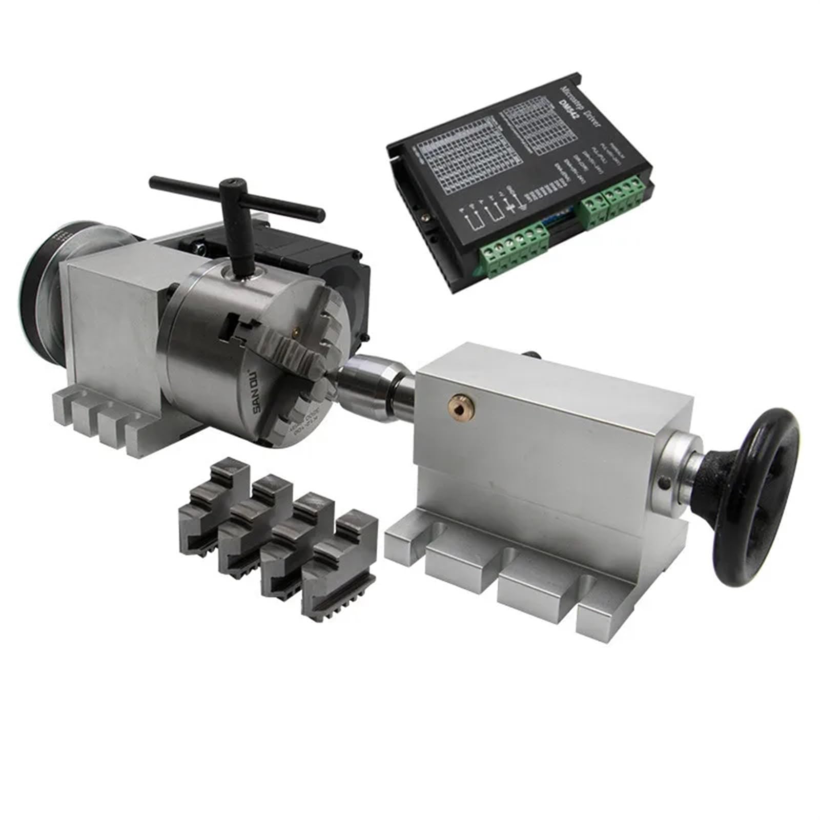 ONGCPQPEO 1pcs 23stepper motor (6:1) K12-100mm 4 Jaw Chuck 100mm 4th axis A aixs rotary axis + tailstock for router(With DM542)