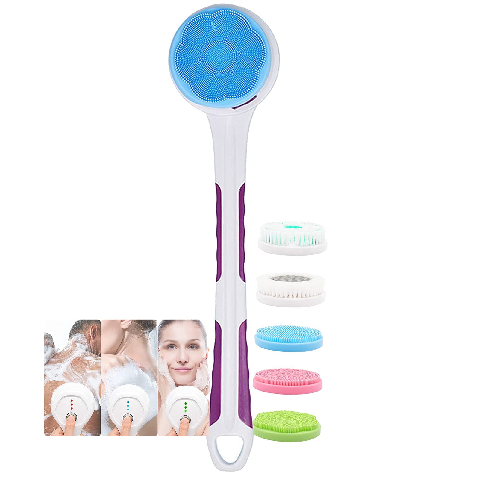 M-TOP Cepillo de Bano Espalda Electrico Largo Extraíble Cepillo de Baño Masajeador Corporal 3 Velocidades Exfoliante de Cepillo Limpieza Facial & Corporal