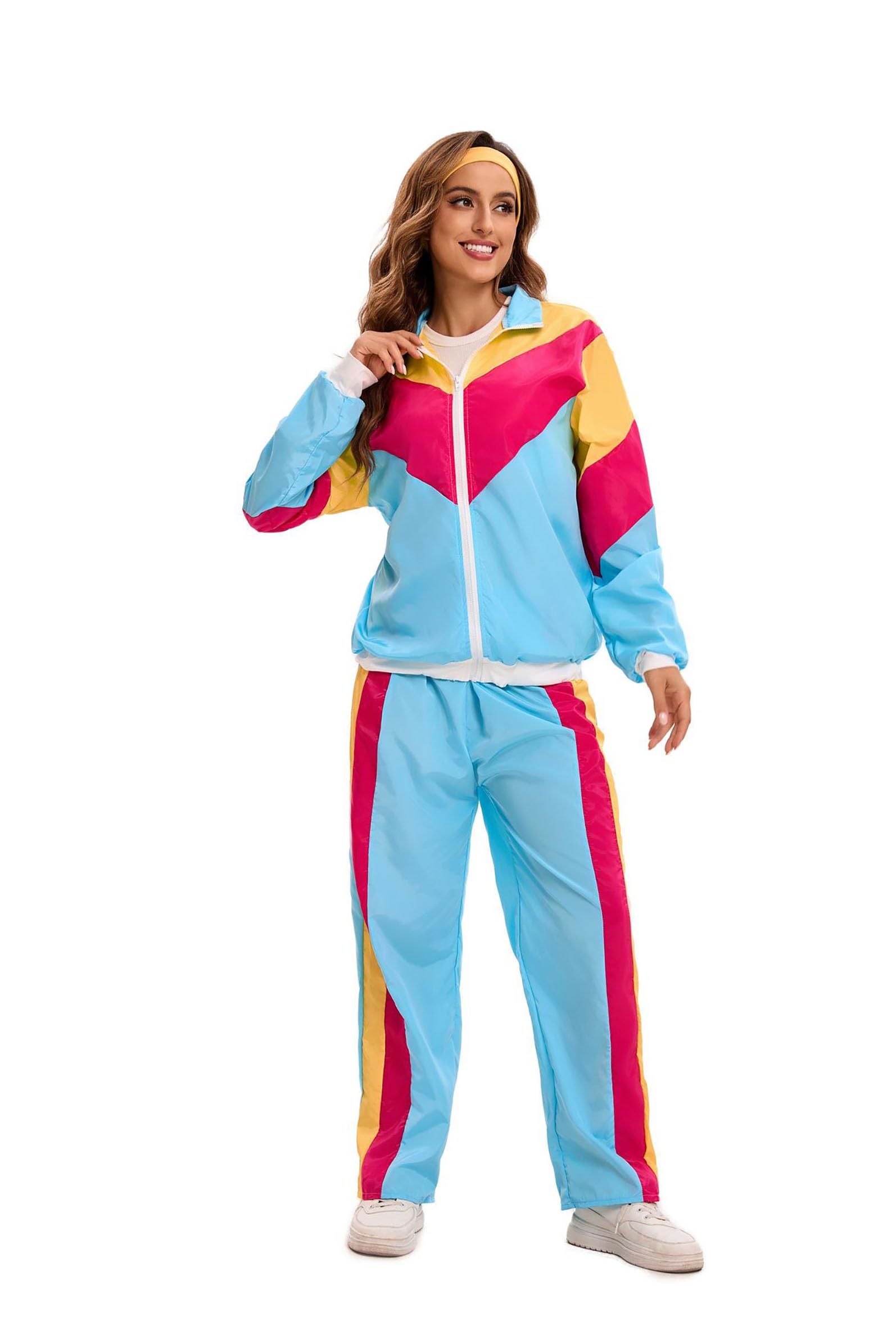 Velcoxplay Women's 80s 90s Retro Tracksuit Disco Suit Jacket Trousers for Carnival Fancy Dress Costume Blue and Pink, M - Image 2
