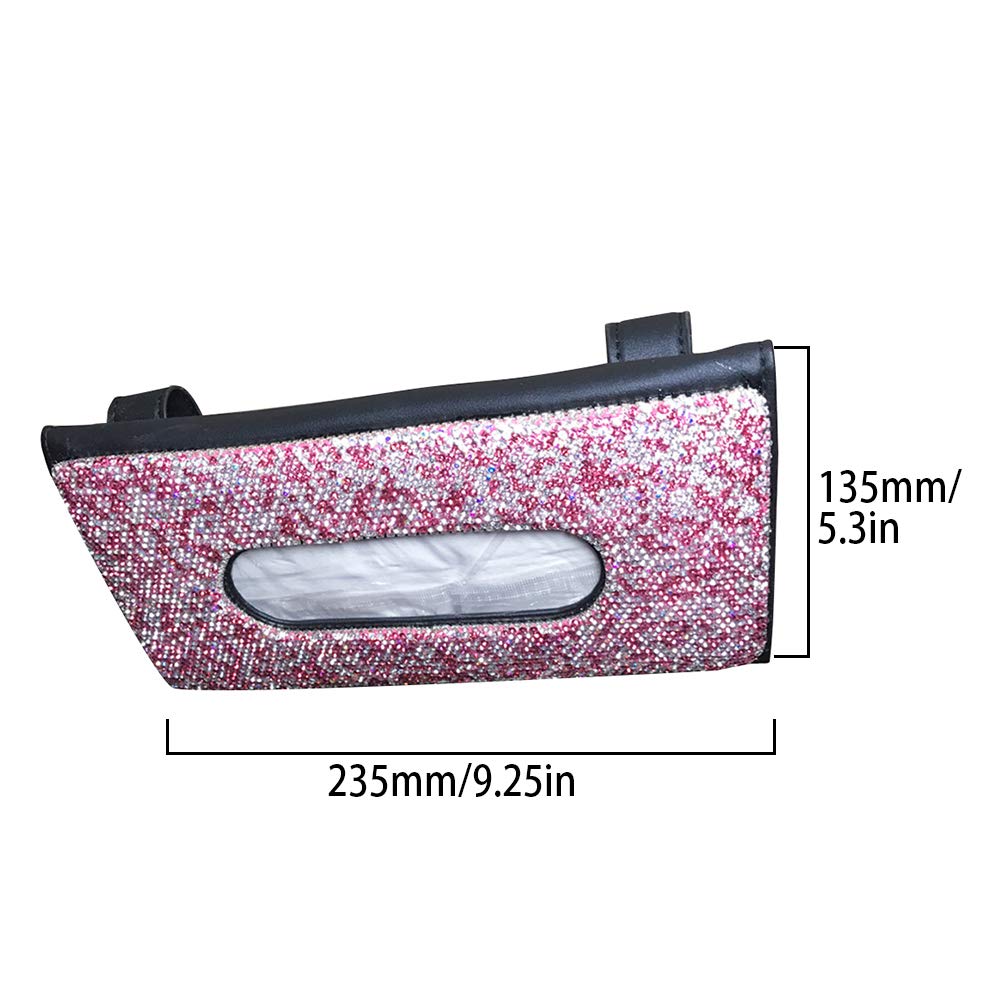 idain Sparkling Rhinstone PU Leather Napkin Holder Paper Case Hanging Backseat Tissue Holder Bling Bling Car Sun Visor Tissue Box Holder (Pink)