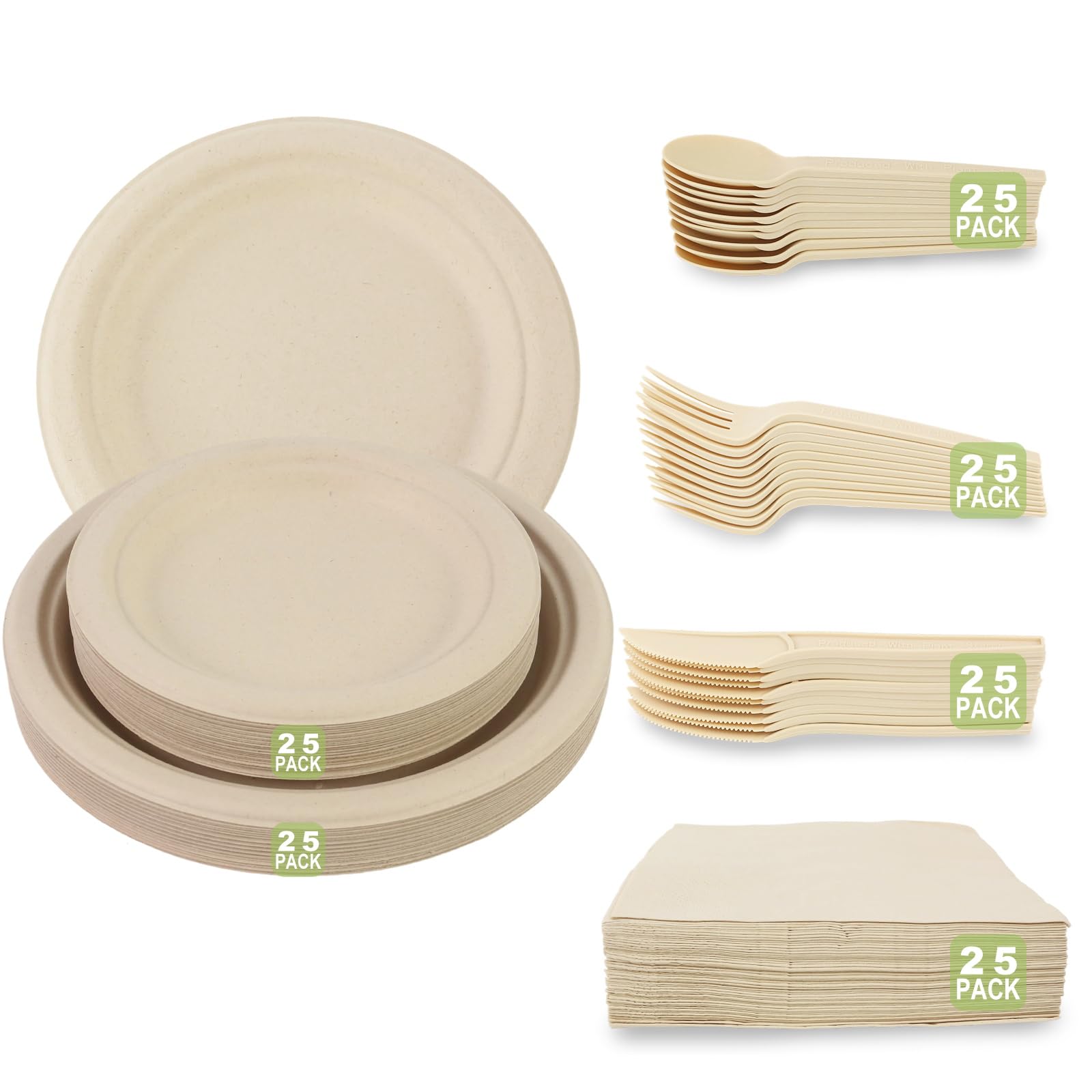 Diihossbox 150 Piece (25 Sets) Biodegradable Paper Plates Set Disposable Heavy-Duty Eco Friendly Dinnerware Set,Include Plates,Forks,Knives,Spoons,