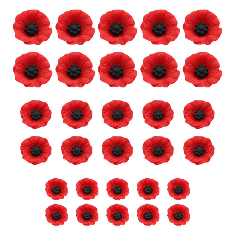 Hugede Red 30 Pcs Flatback Resin Flower Charms Artificial Poppies Flowers Plastic Faux Floral Heads Mini Craft Flower Cabochons Small Cute Flower Embellishments