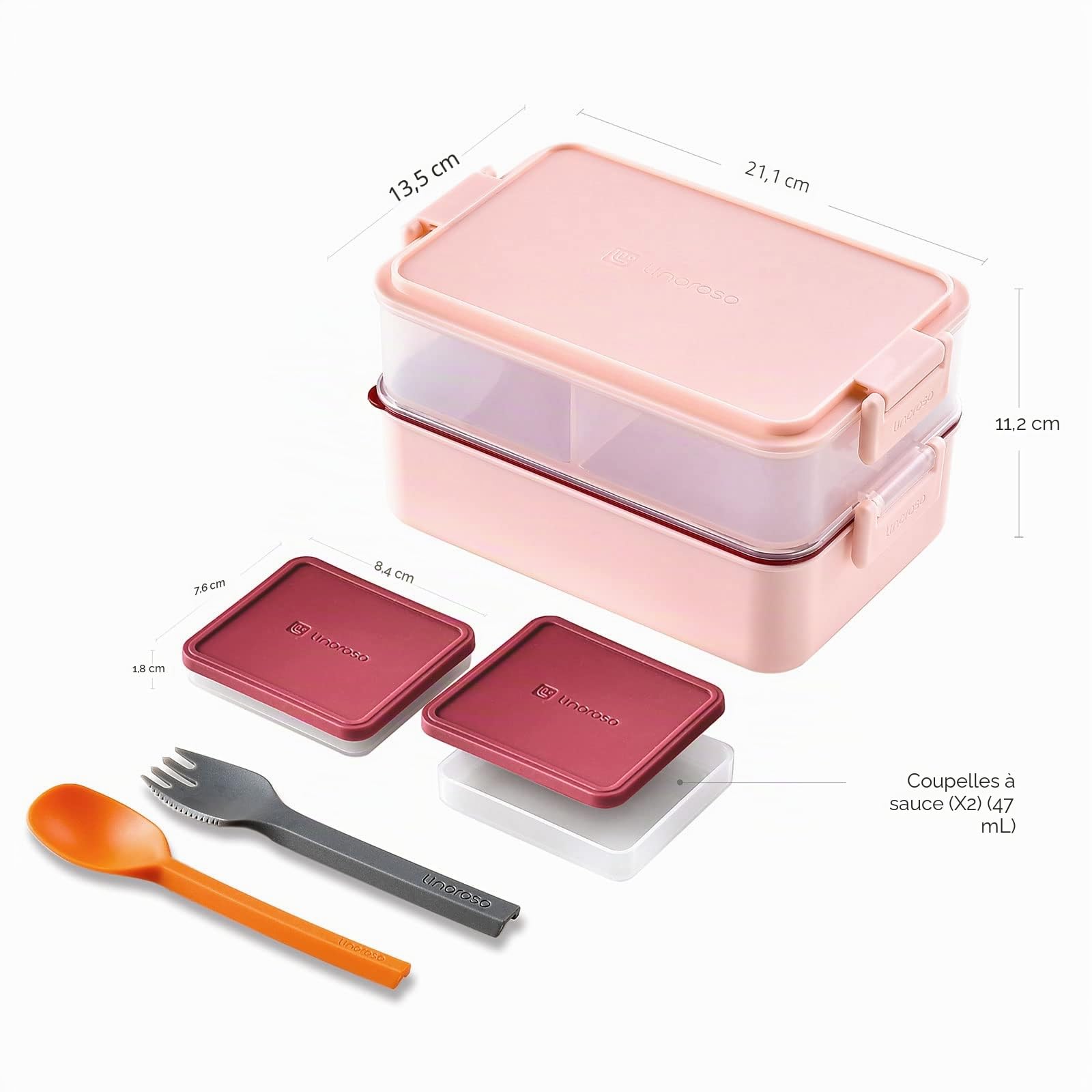 linoroso Bento Lunch Box Boite Repas pour Adulte avec 3 Compartiment Lunchbox avec Récipient à Sauce et Ustensiles Micro Ondable et Lave-vaisselle, Sans BPA Comme Boîte à Sandwich Salade - Rose