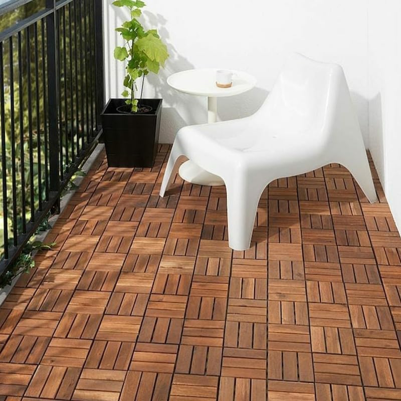 Image of Acacia Wooden Deck Tiles Wood Floor Decking Water Resistant Tile for Balcony, Terrace, Garden | Quick Flooring Solution for Indoor /Outdoor (Dark Brown - Pack of 6)