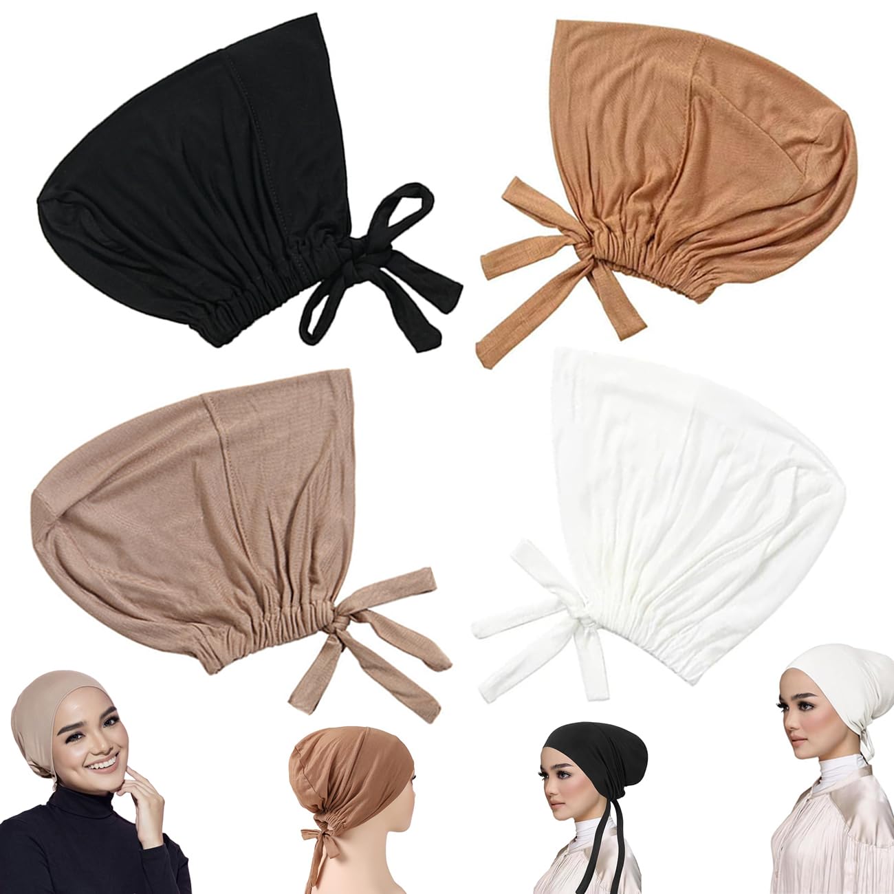 4 stuks Hijab Undercaps voor dames, islamitische moslim onder hijab, binnenmuts onder de sjaal, hijab pet met strik op de rug, effen, voor vrouwen, chemo-slaapcap, kurkuma, aardegeel, olijfgroen