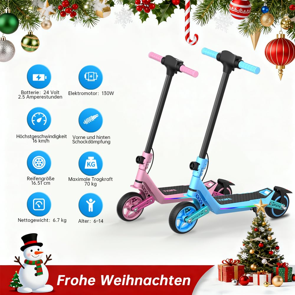 U8 Kinder E-Scooter in 16 km/h,12 km Reichweite,3 Geschwindigkeitsstufen Zero-Start,Elektronische Bremse,Doppelte Federung,6,5 Zoll Reifen,Klappbar & LED-Beleuchtung,Für Kinder ab 6 Jahren,VierFarben
