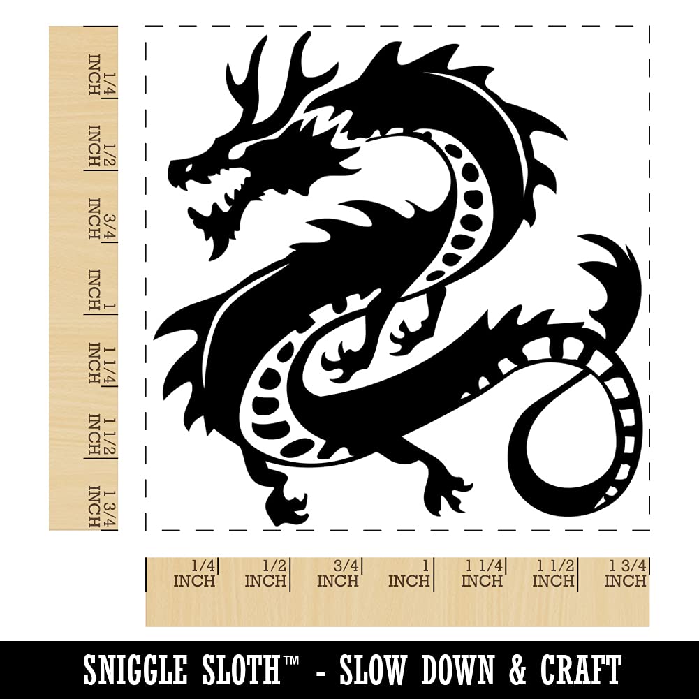 Asian Long Dragon Chinese Mythological Creature Square Rubber Stamp for Stamping Crafting - 1.75in Medium