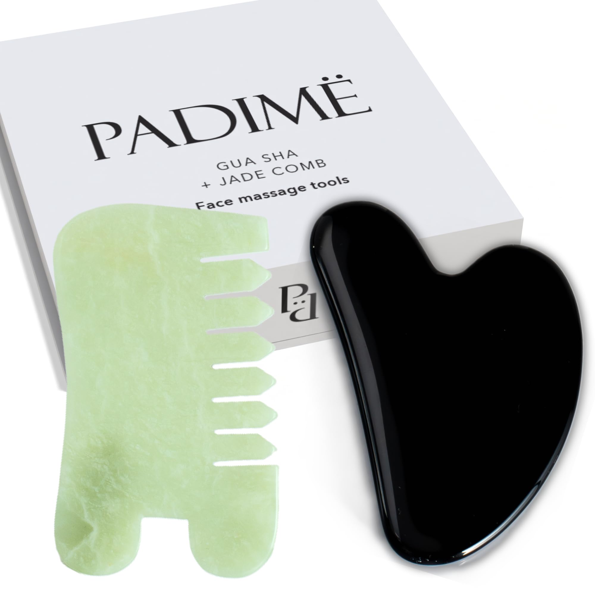 Padime Massage Set, Scalp Comb + Black Obsidian Gua Sha, Jade Comb for Multi-Functional Handheld Head Massage, Relaxation, Stress Relax, Jade Scalp + Gua Sha for Whole Body, Beautiful Packaging