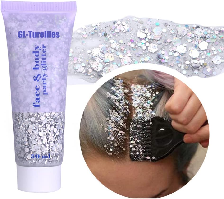 Chunky Glitter Gel Festival Glitter Cosmetic Face Hair Nails Makeup Mermaid Sequins Liquid Eyeshadow Long Lasting Sparkling 50ml Easy to Apply& Remove (#05 Silver) - 55g