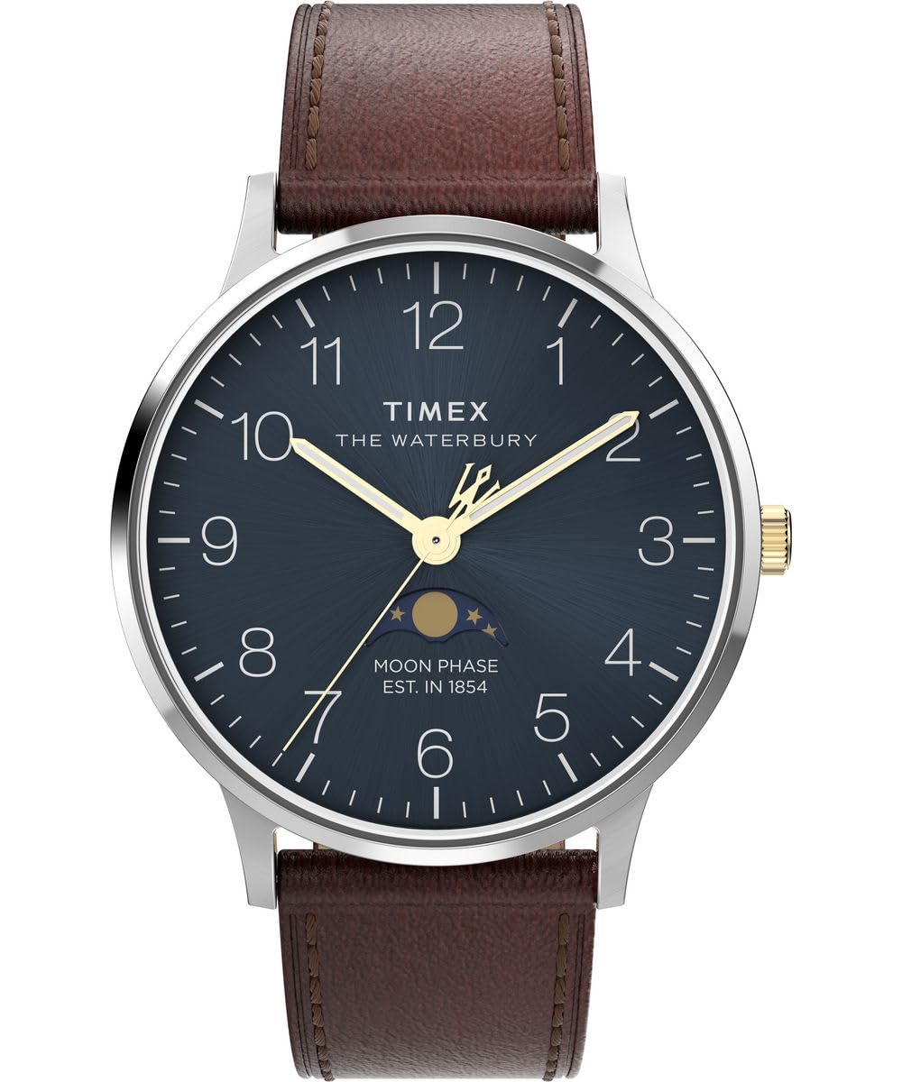 Timex Waterbury Classic Moon Phase Tw2W75600 Zegarek Męski, 40 mm, Brązowy Pasek ze Skóry Wegańskiej, Niebieska Tarcza i Koperta ze Stali Nierdzewnej